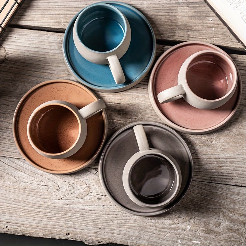 Retro Colorblock Insulated Ceramic Coffee Mug and Saucer Set - mosswell.us