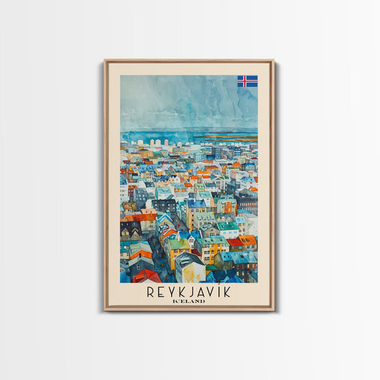 Reykjavik Iceland Travel Poster Framed Canvas Print, Watercolor Painting, Scenic Wall Art, Home Decor, Icelandic Landscape, Artistic Decor - mosswell.us