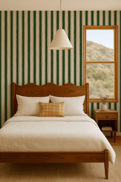Riviera Stripe Wallpaper, off - white and dark green - mosswell.us