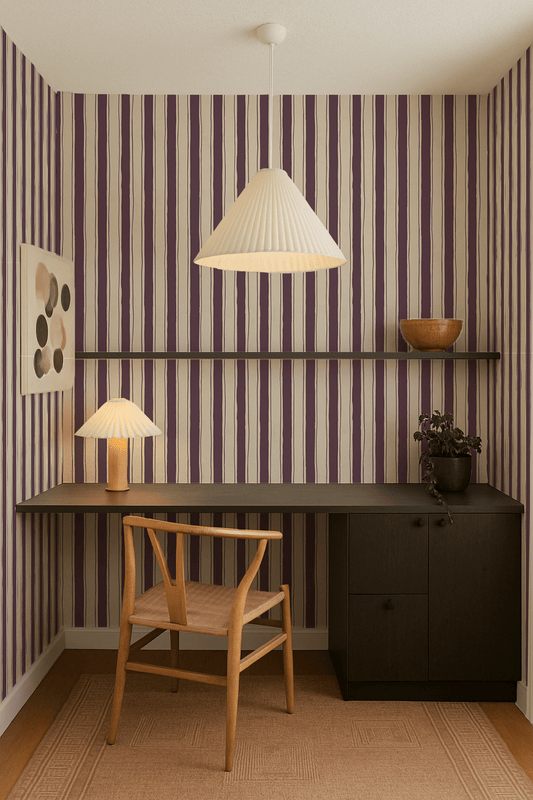 Riviera Stripe Wallpaper, off - white and eggplant - mosswell.us