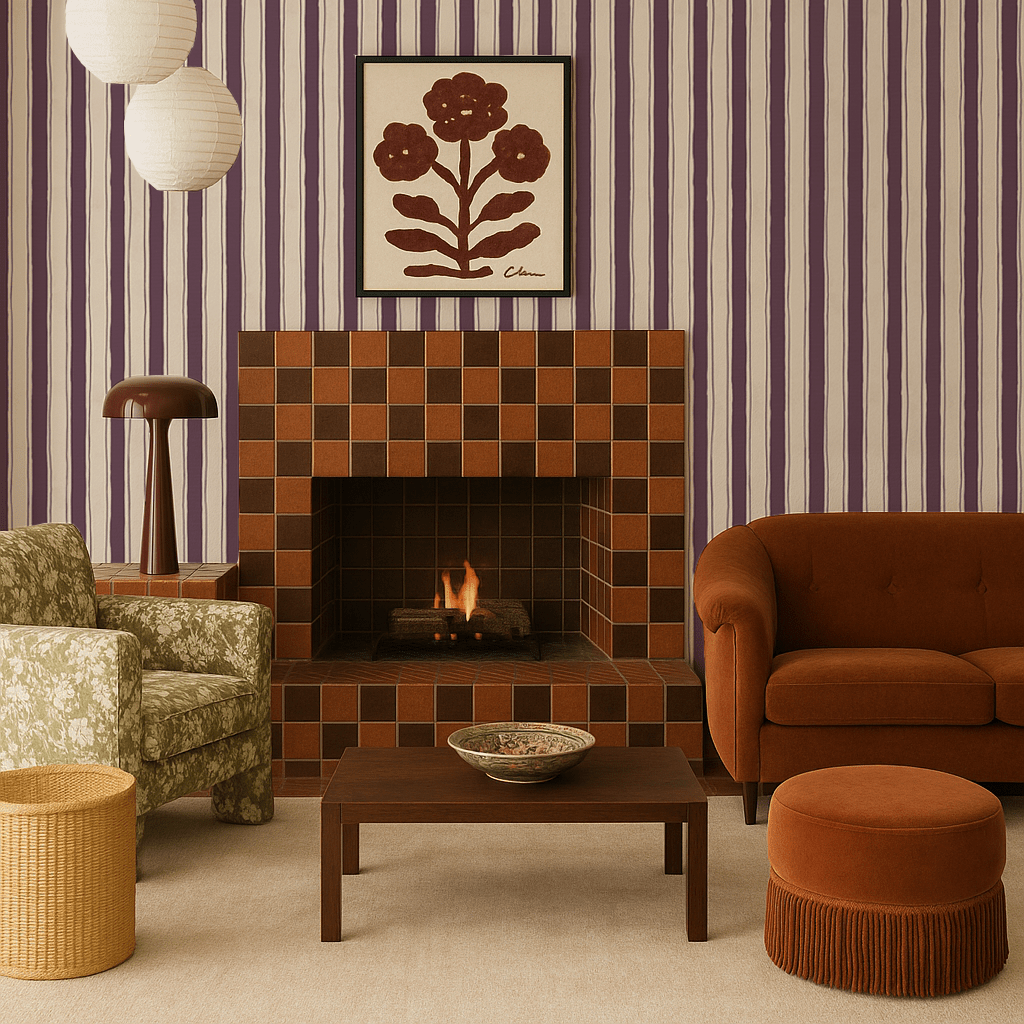 Riviera Stripe Wallpaper, off - white and eggplant - mosswell.us