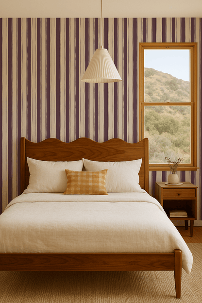 Riviera Stripe Wallpaper, off - white and eggplant - mosswell.us