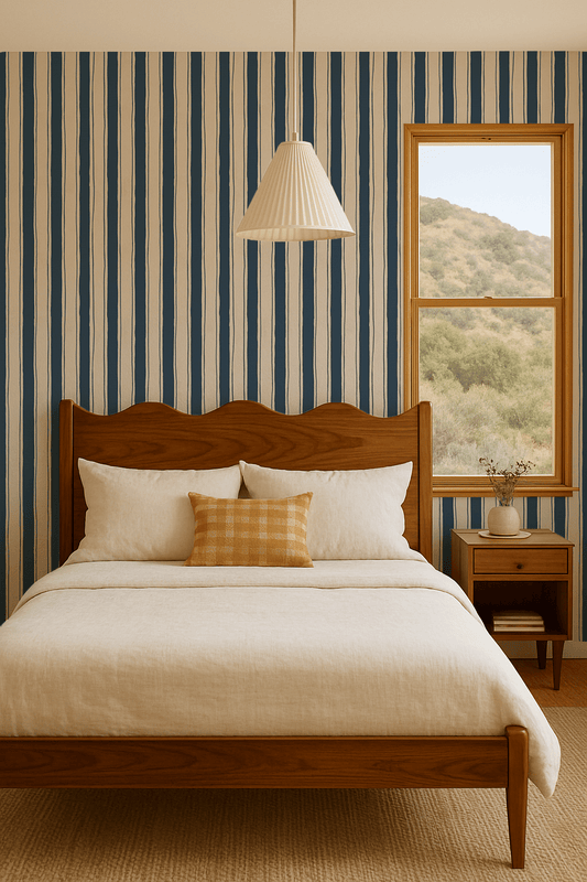 Riviera Stripe Wallpaper, off - white and navy - mosswell.us