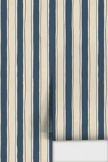Riviera Stripe Wallpaper, off - white and navy - mosswell.us