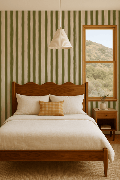 Riviera Stripe Wallpaper, off - white and olive green - mosswell.us