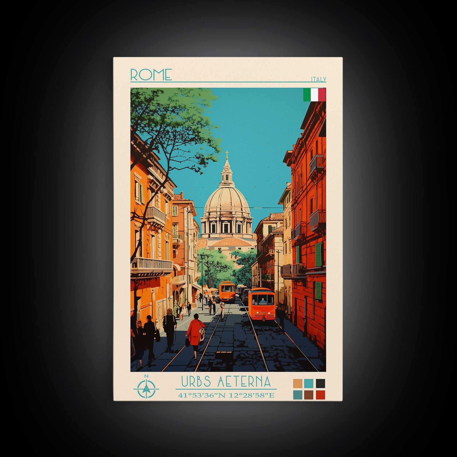 Rome Italy Travel Poster Framed Canvas Print, Midcentury Modern Art, Pop Art Wall Decor, Home Decor, Vacation Gift, Office Art - mosswell.us
