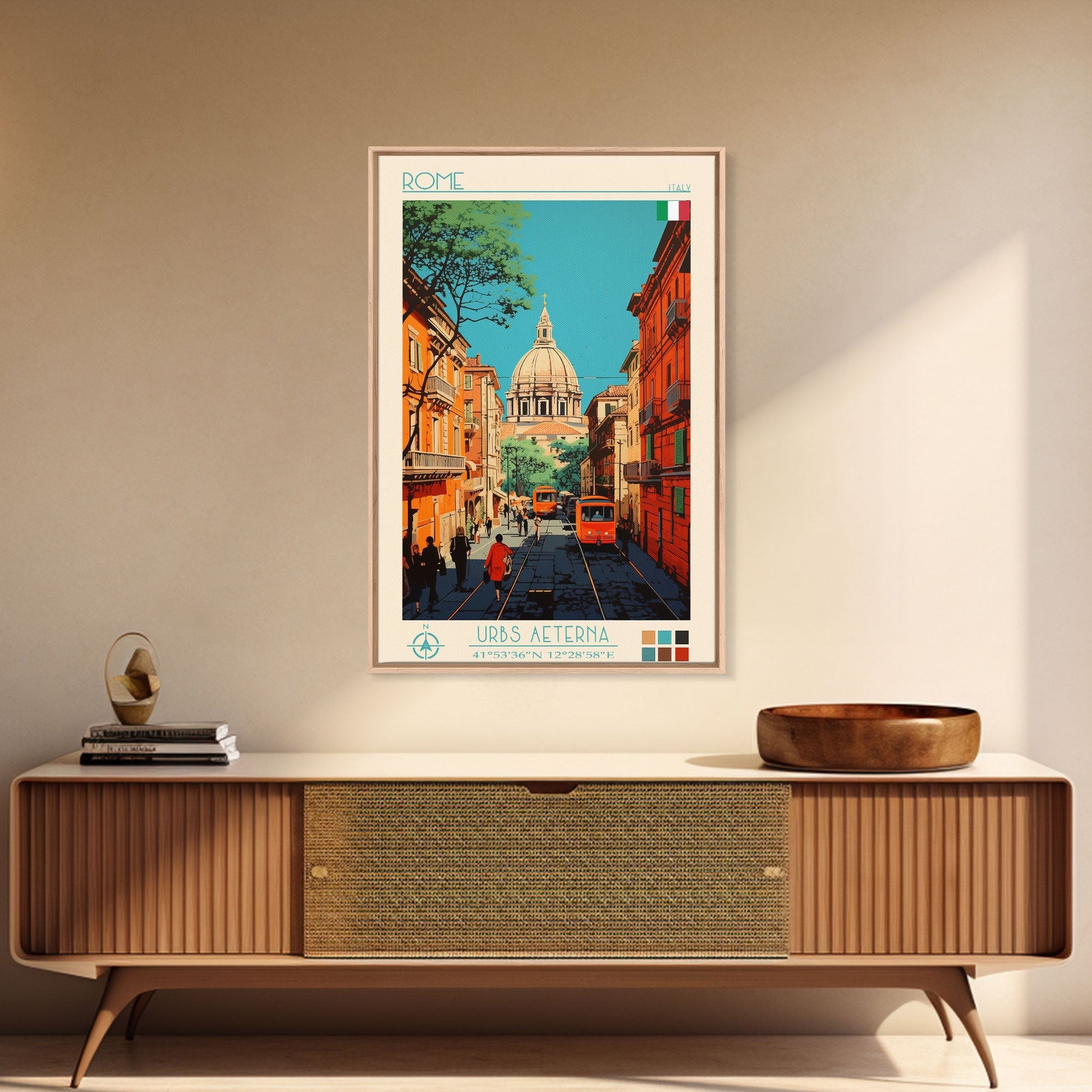 Rome Italy Travel Poster Framed Canvas Print, Midcentury Modern Art, Pop Art Wall Decor, Home Decor, Vacation Gift, Office Art - mosswell.us
