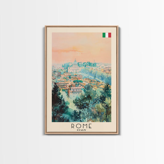Rome Italy Travel Poster Framed Canvas Print, Watercolor Painting, Historic Wall Art, Home Decor, Italian Cityscape, Classic Art - mosswell.us