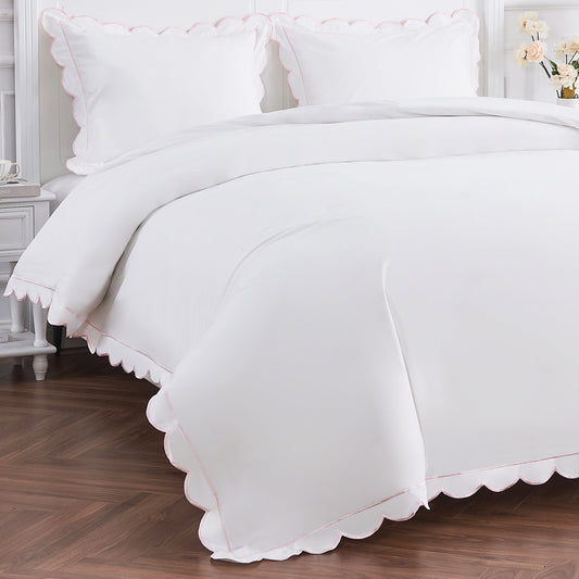 Scallop Frame Embroidered Cotton Percale Duvet Set - mosswell.us