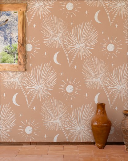 Night Palm Wallpaper, terra cotta and white