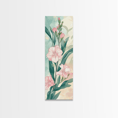 Skinny Art Pink Oleander Flowers In Japanese Style Wood Block Print Elegant Pastel Hues On Framed Canvas Print, Tall Art Ukiyo - e - mosswell.us