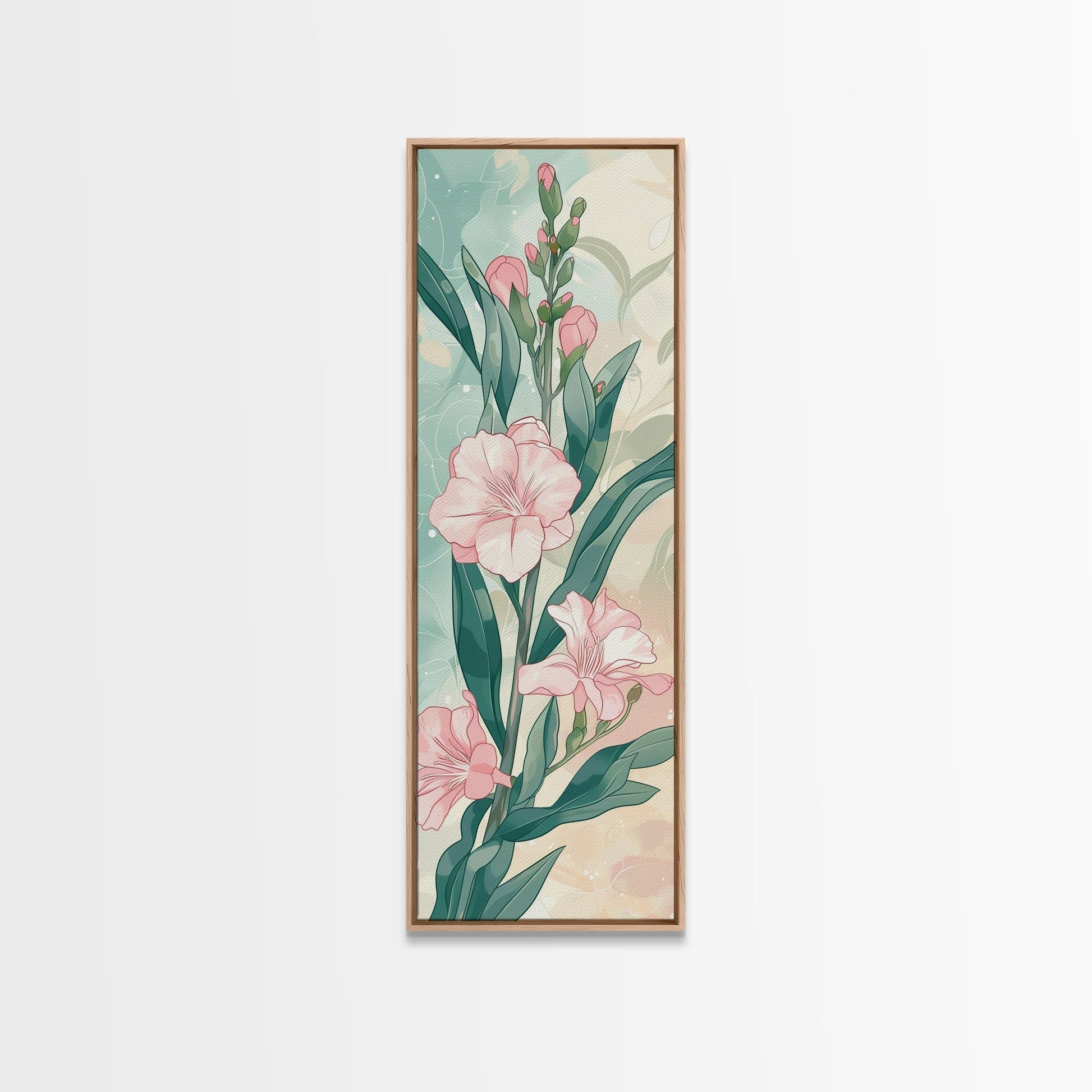 Skinny Art Pink Oleander Flowers In Japanese Style Wood Block Print Elegant Pastel Hues On Framed Canvas Print, Tall Art Ukiyo - e - mosswell.us