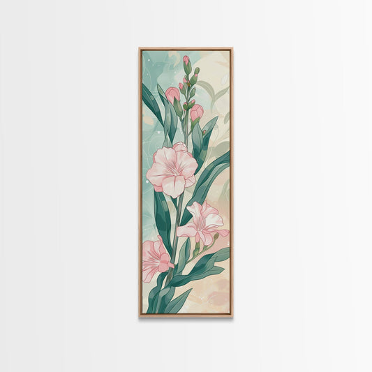Skinny Art Pink Oleander Flowers In Japanese Style Wood Block Print Elegant Pastel Hues On Framed Canvas Print, Tall Art Ukiyo - e - mosswell.us