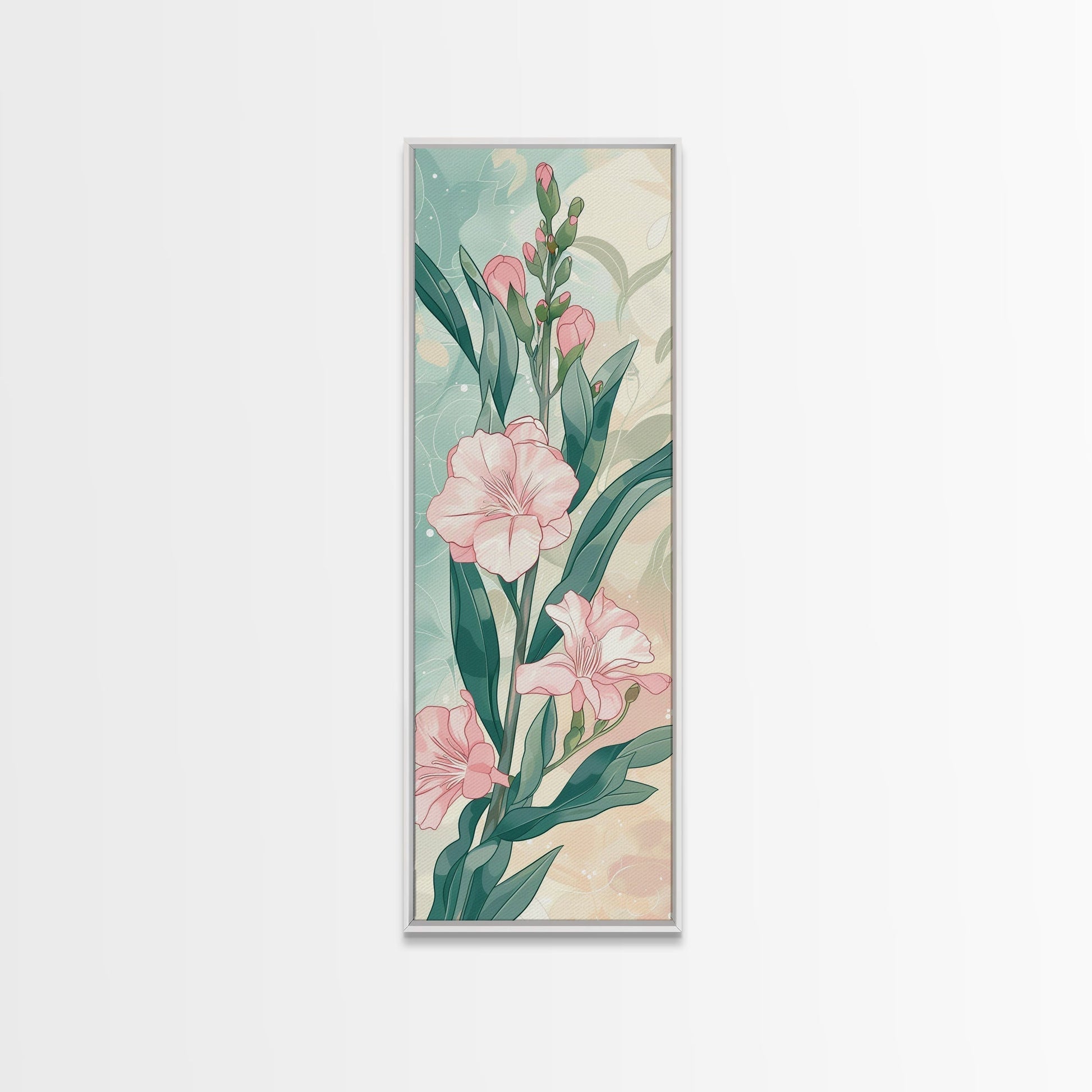Skinny Art Pink Oleander Flowers In Japanese Style Wood Block Print Elegant Pastel Hues On Framed Canvas Print, Tall Art Ukiyo - e - mosswell.us