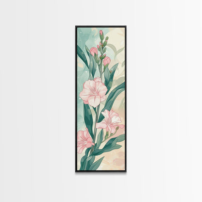 Skinny Art Pink Oleander Flowers In Japanese Style Wood Block Print Elegant Pastel Hues On Framed Canvas Print, Tall Art Ukiyo - e - mosswell.us