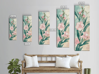 Skinny Art Pink Oleander Flowers In Japanese Style Wood Block Print Elegant Pastel Hues On Framed Canvas Print, Tall Art Ukiyo - e - mosswell.us