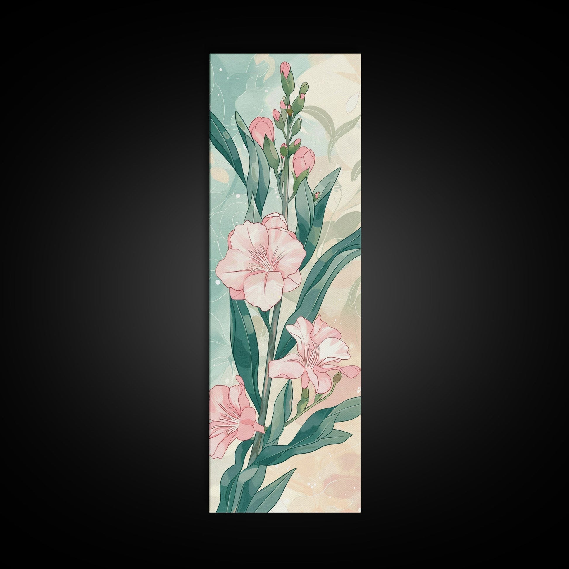 Skinny Art Pink Oleander Flowers In Japanese Style Wood Block Print Elegant Pastel Hues On Framed Canvas Print, Tall Art Ukiyo - e - mosswell.us