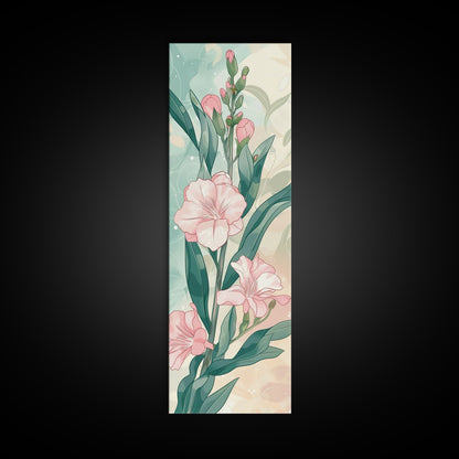 Skinny Art Pink Oleander Flowers In Japanese Style Wood Block Print Elegant Pastel Hues On Framed Canvas Print, Tall Art Ukiyo - e - mosswell.us