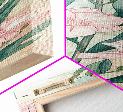 Skinny Art Pink Oleander Flowers In Japanese Style Wood Block Print Elegant Pastel Hues On Framed Canvas Print, Tall Art Ukiyo - e - mosswell.us