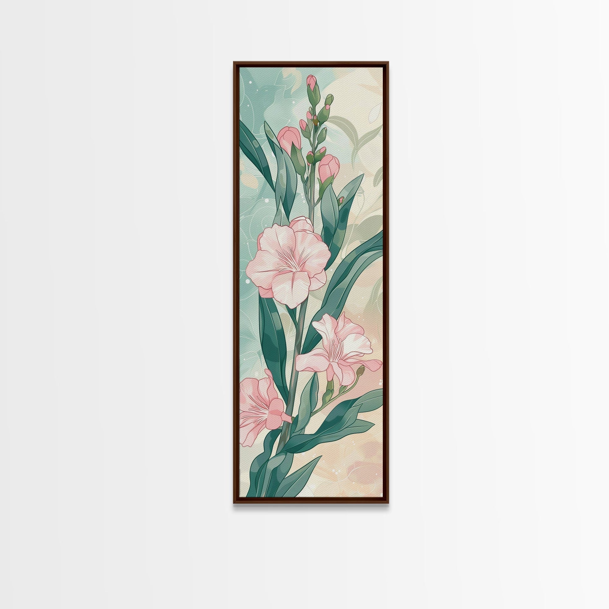 Skinny Art Pink Oleander Flowers In Japanese Style Wood Block Print Elegant Pastel Hues On Framed Canvas Print, Tall Art Ukiyo - e - mosswell.us