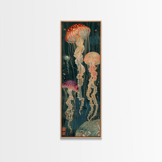 Skinny Art Tall Art Jellyfish Wood Block Print Japanese Style Art Captivating Underwater Scene Framed Canvas Print - mosswell.us