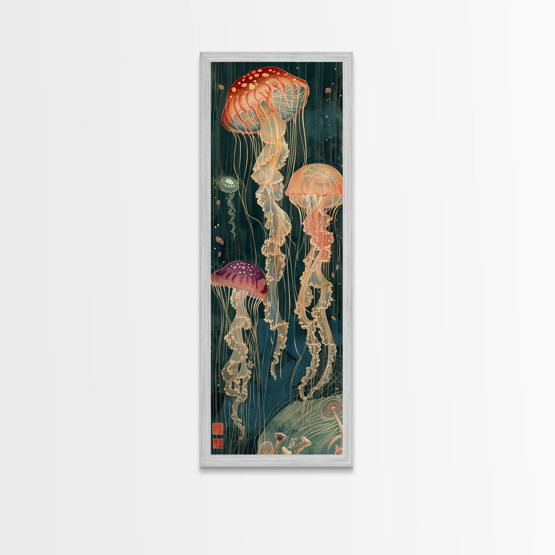 Skinny Art Tall Art Jellyfish Wood Block Print Japanese Style Art Captivating Underwater Scene Framed Canvas Print - mosswell.us