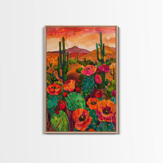 Southwest Desert Landscape with Cacti and Flowers, Colorful Wall Art for Living Room or Bedroom, Framed Canvas Print - mosswell.us
