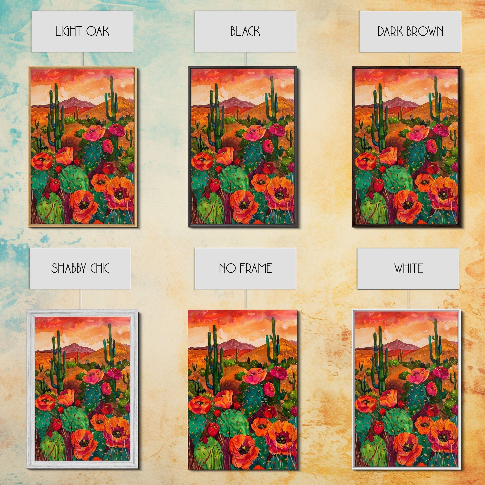 Southwest Desert Landscape with Cacti and Flowers, Colorful Wall Art for Living Room or Bedroom, Framed Canvas Print - mosswell.us