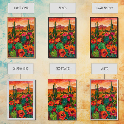 Southwest Desert Landscape with Cacti and Flowers, Colorful Wall Art for Living Room or Bedroom, Framed Canvas Print - mosswell.us