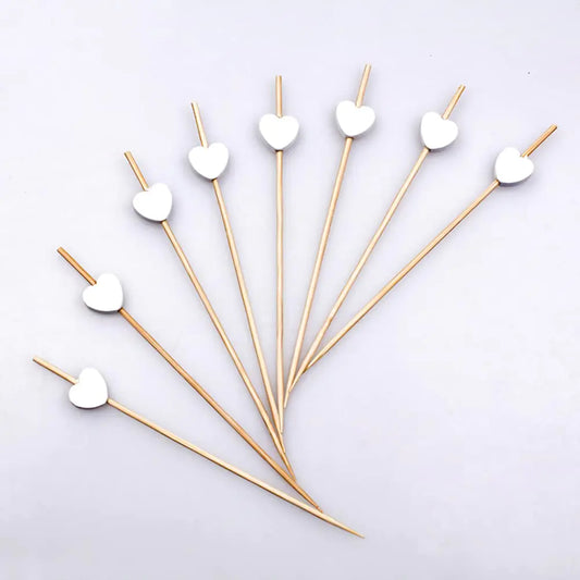 AKOAK 100 Counts Handmade 4.7" White Heart Cocktail Sticks Sandwich Fruit Toothpicks Cocktail Picks Party Supplies