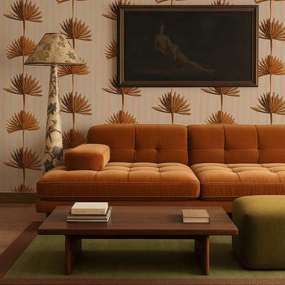 Stripey Palm Wallpaper, neutral peach and mustard - mosswell.us