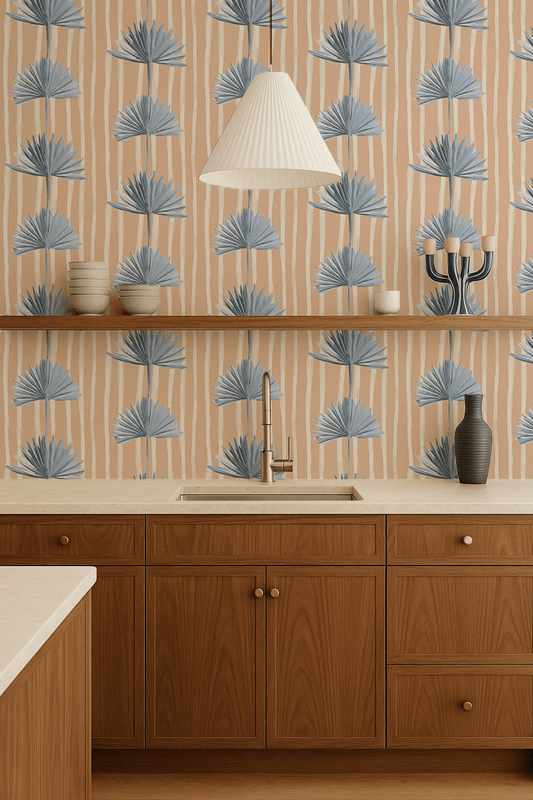 Stripey Palm Wallpaper, peach and blue - mosswell.us