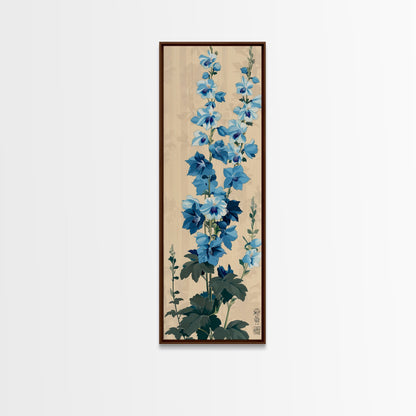 Tall Blue Delphinium Flowers Against Beige Background Ukiyo - e Wood Block Print Framed Canvas Print - mosswell.us