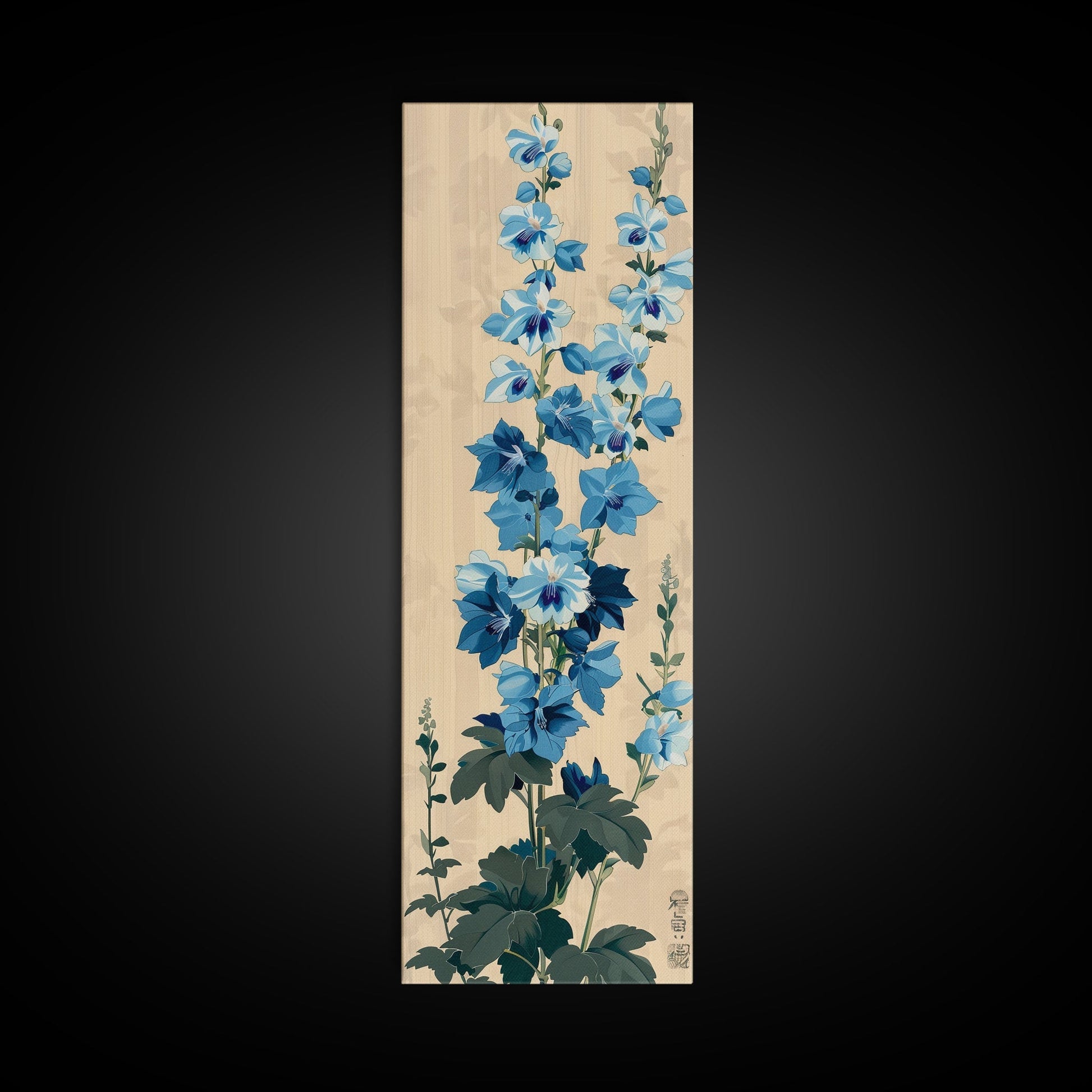 Tall Blue Delphinium Flowers Against Beige Background Ukiyo - e Wood Block Print Framed Canvas Print - mosswell.us
