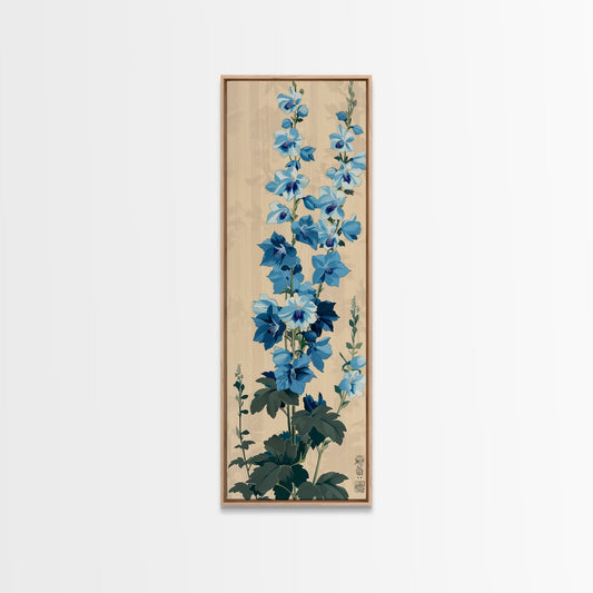 Tall Blue Delphinium Flowers Against Beige Background Ukiyo - e Wood Block Print Framed Canvas Print - mosswell.us