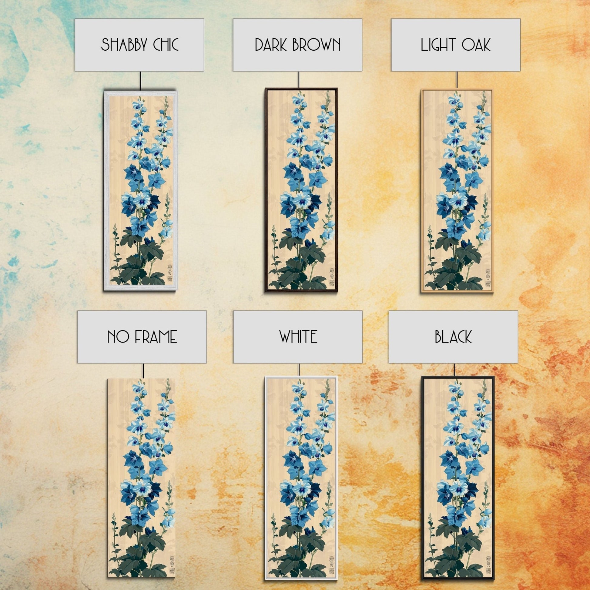 Tall Blue Delphinium Flowers Against Beige Background Ukiyo - e Wood Block Print Framed Canvas Print - mosswell.us