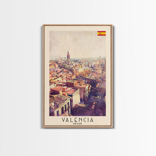 Valencia Spain Travel Poster Framed Canvas Print, Watercolor Painting, Coastal Wall Art, Home Decor, Spanish Seaside, Mediterranean Decor - mosswell.us