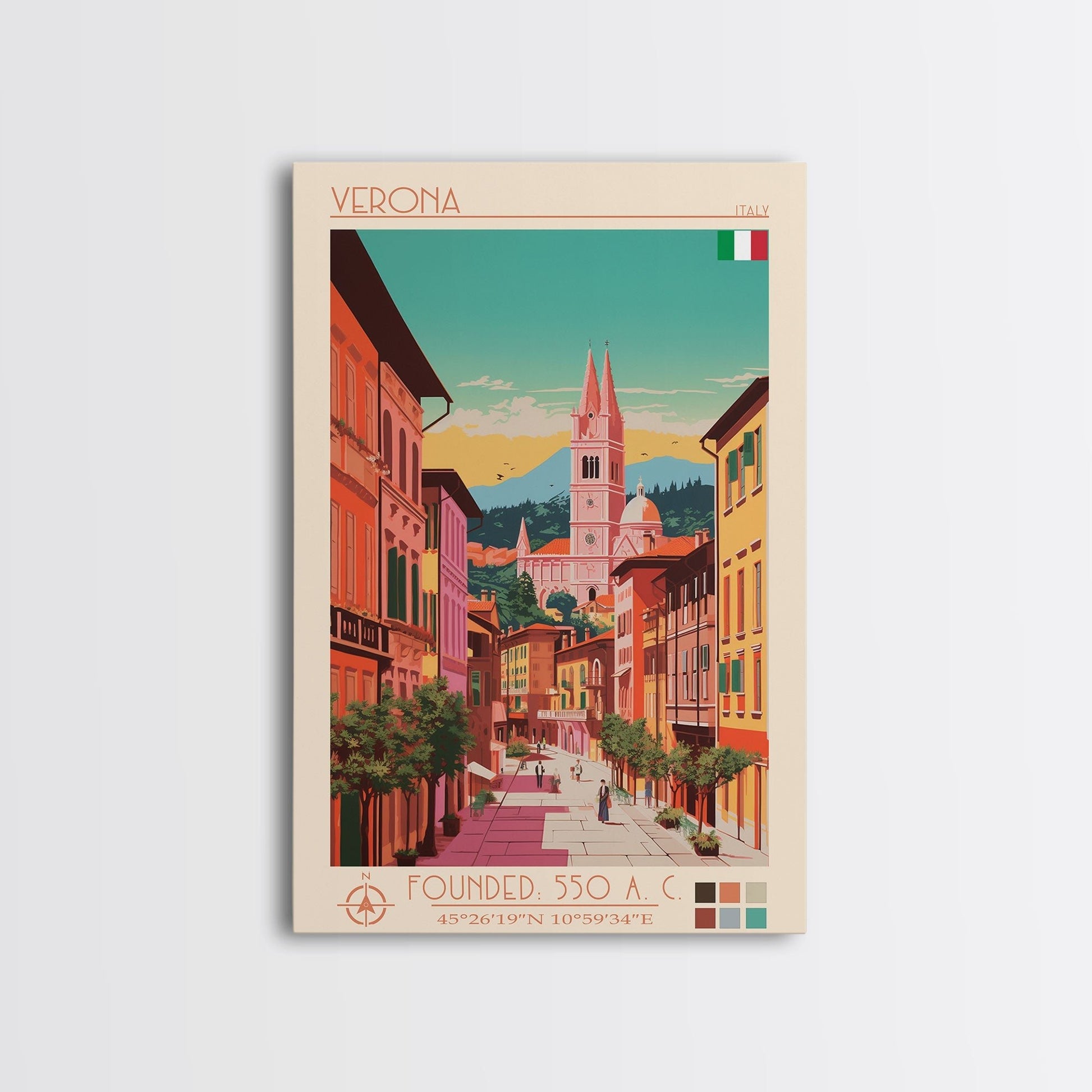 Verona Italy Travel Poster Framed Canvas Print, Midcentury Modern Art, Pop Art Wall Decor, Living Room Art, Home Decoration - mosswell.us