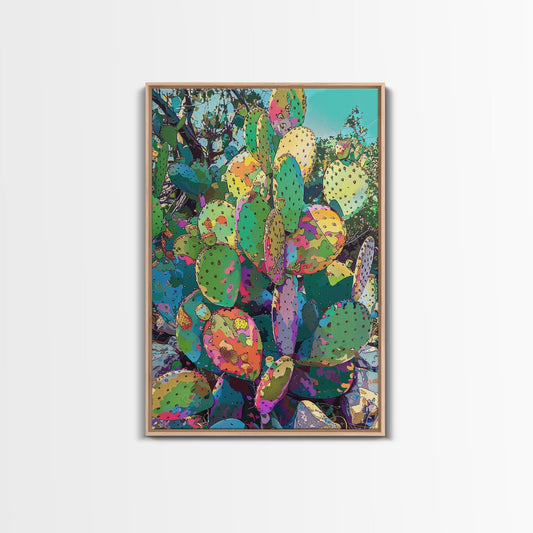 Vibrant Prickly Pear Cactus in Abstract Style - Framed Canvas Print, Colorful Desert Decor, Living Room Art, Cactus Wall Art for Home - mosswell.us