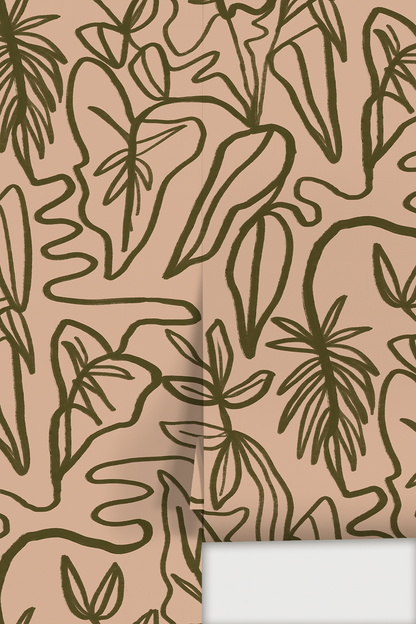 Inked Foliage Wallpaper, peach and olive green