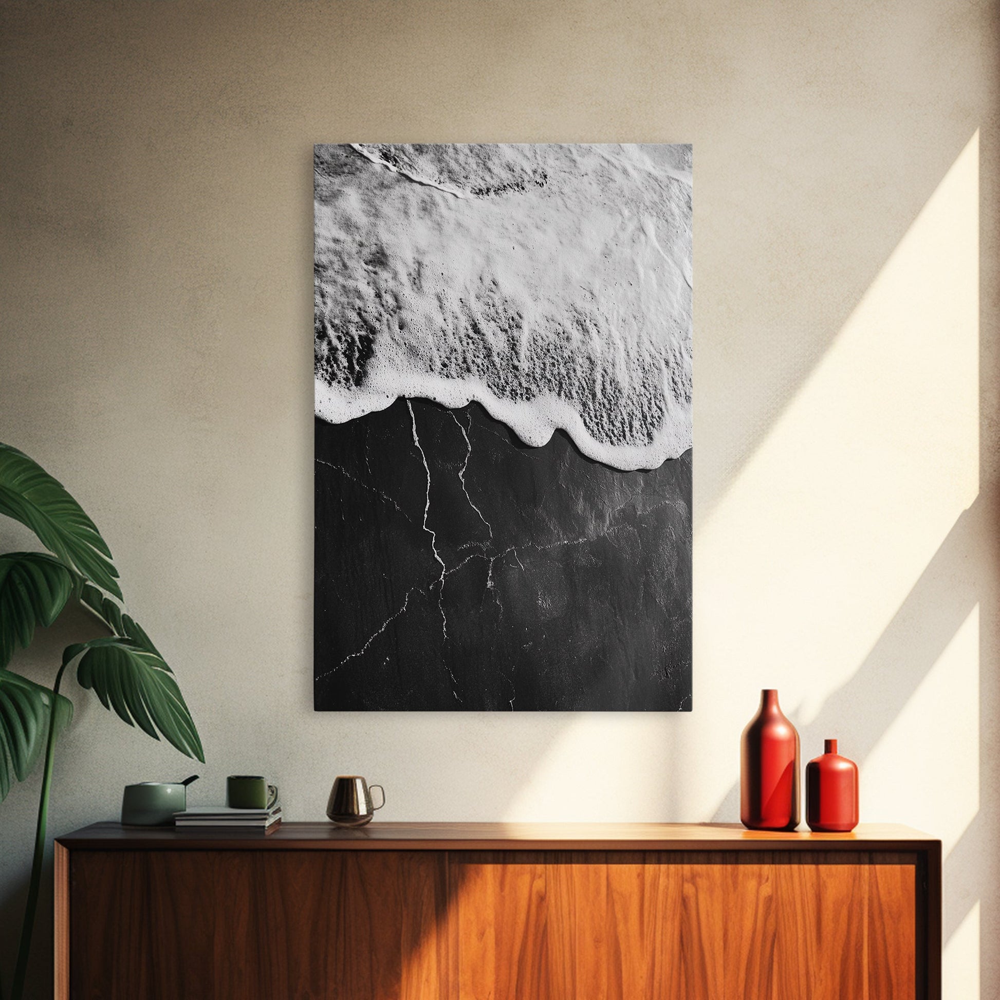 Wave Edge, Cracked Earth, Tide Meets Stone, Nature Contrast, Canvas Print, Abstract Ocean Art, Minimalist Wall Decor, Bathroom Artwork - mosswell.us