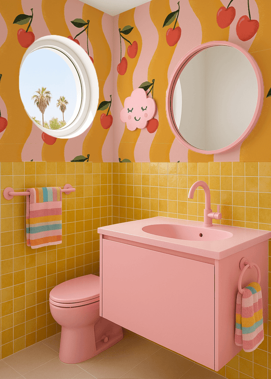 Wavy Cherry Wallpaper, pink and yellow - mosswell.us