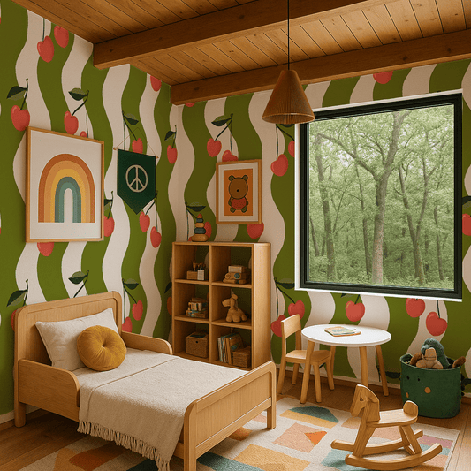 Wavy Cherry Wallpaper, white and green - mosswell.us