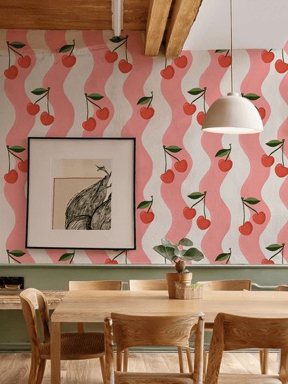 Wavy Cherry Wallpaper, white and pink - mosswell.us
