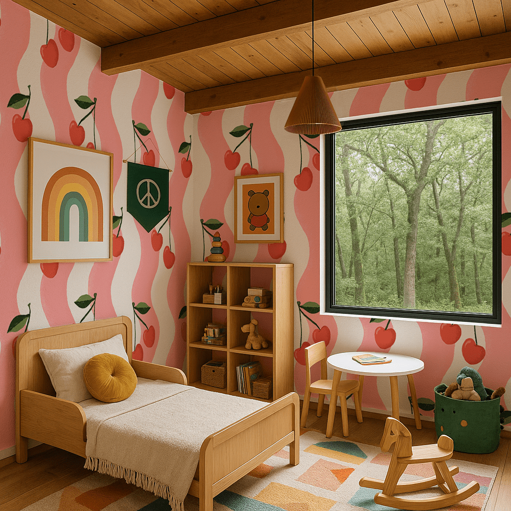 Wavy Cherry Wallpaper, white and pink - mosswell.us