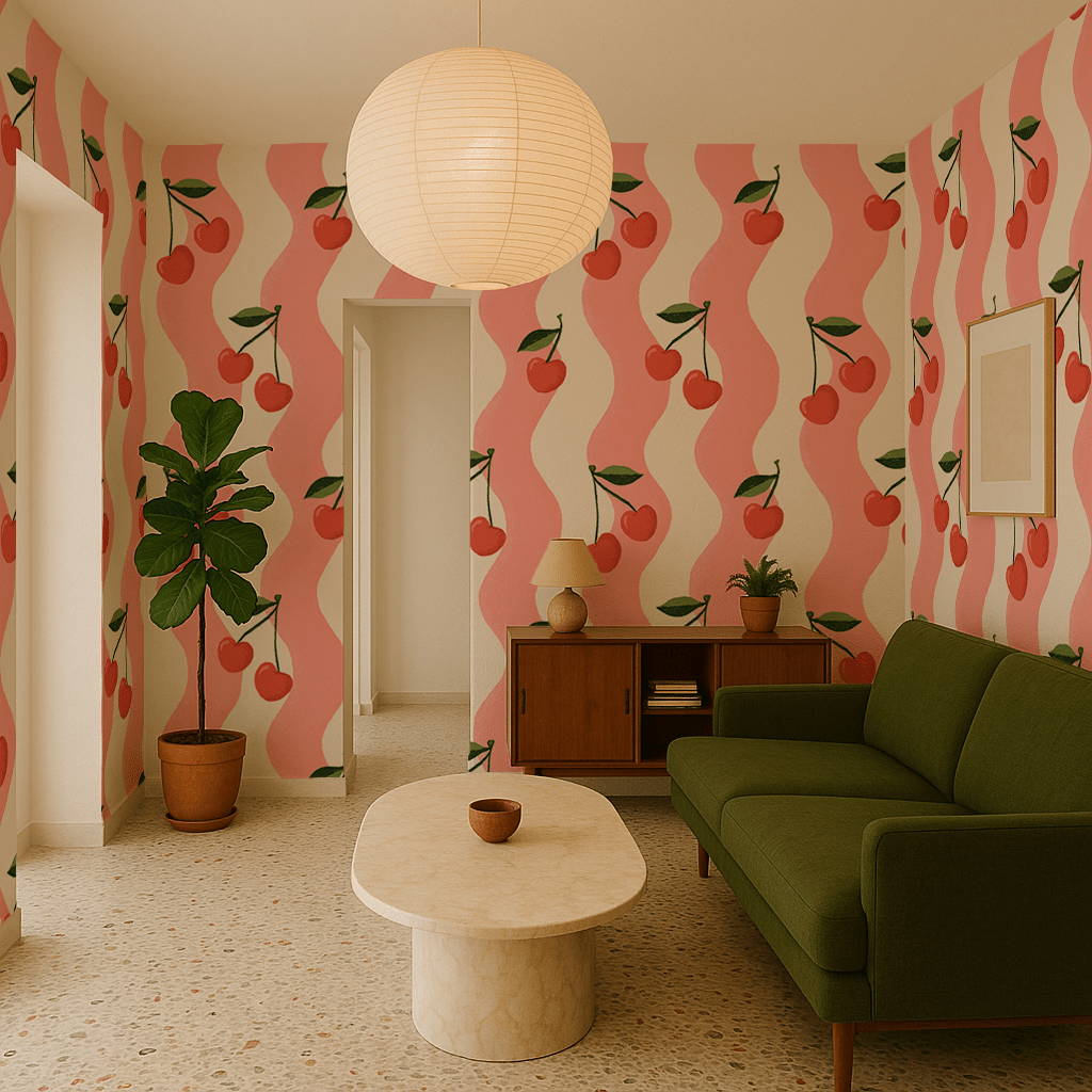 Wavy Cherry Wallpaper, white and pink - mosswell.us