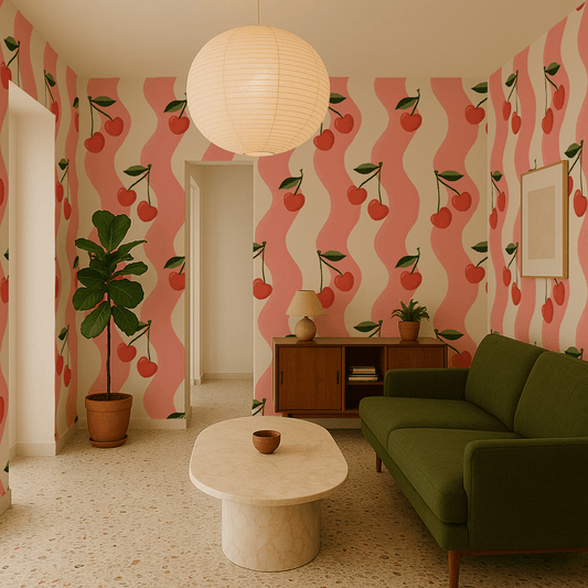 Wavy Cherry Wallpaper, white and pink - mosswell.us