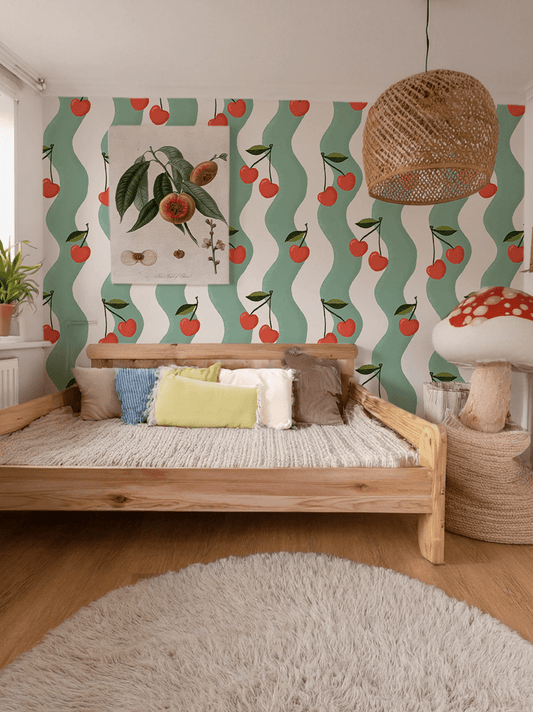 Wavy Cherry Wallpaper, white and teal - mosswell.us