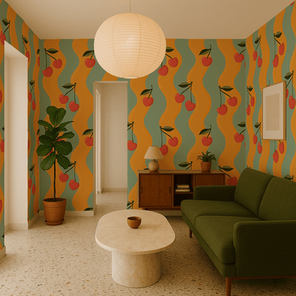 Wavy Cherry Wallpaper, yellow and teal - mosswell.us