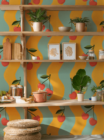 Wavy Cherry Wallpaper, yellow and teal - mosswell.us